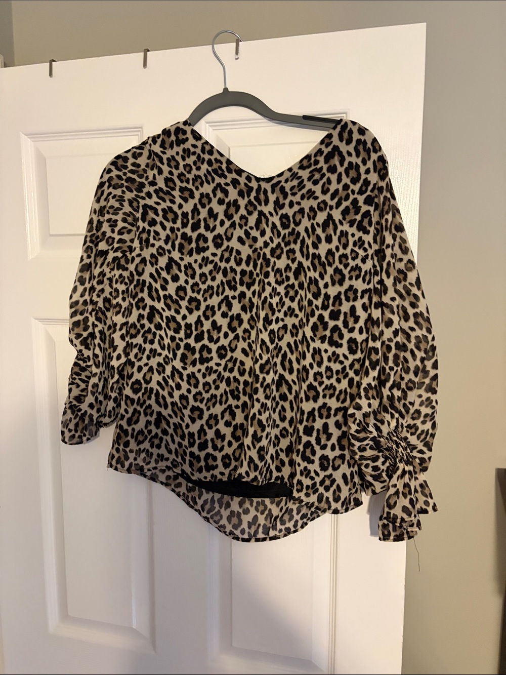 Leopard Print V-Neck Long Sleeve Blouse - Beige/Black